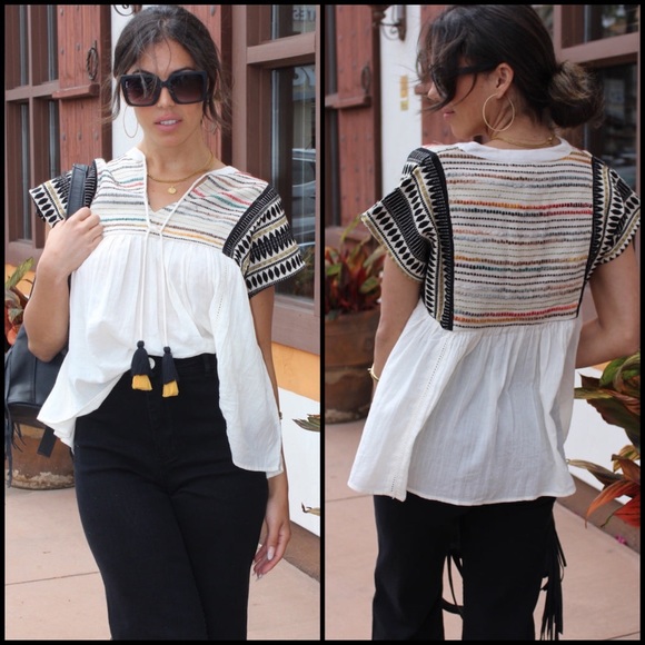 Anthro THML Black Embroidered Tassel Tie Babydoll Blouse Top - Picture 10 of 12